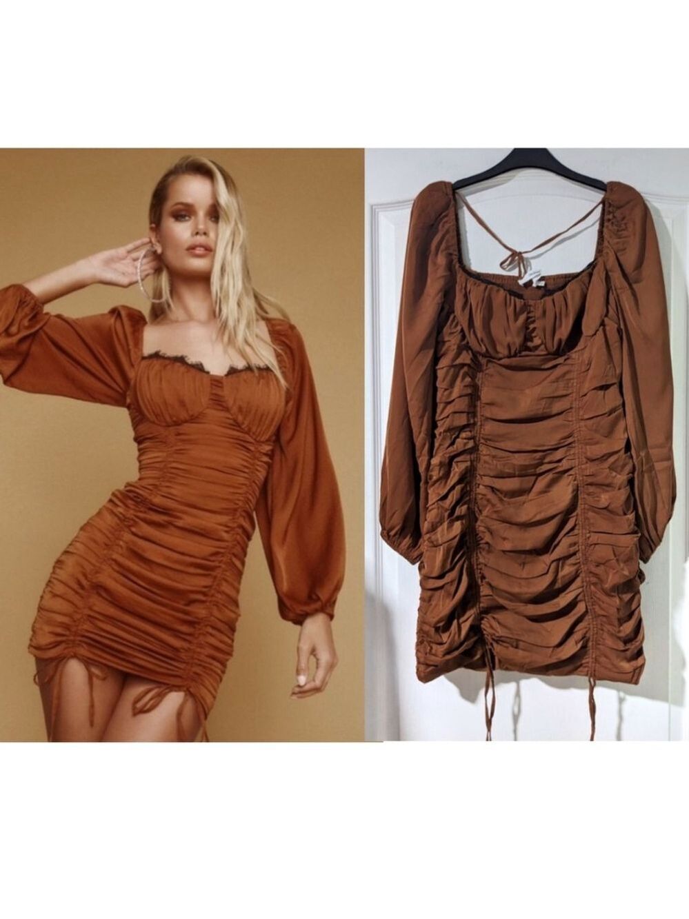 NEW Astr | Mardi satin ruched mini dress in Bronze